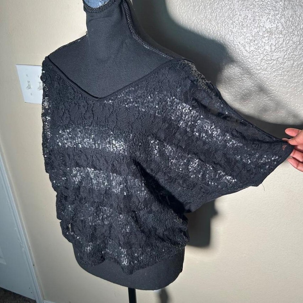 Lette 2000s Sequin Lace Striped Black Batwing Top S-L Y2K Gothic Glam